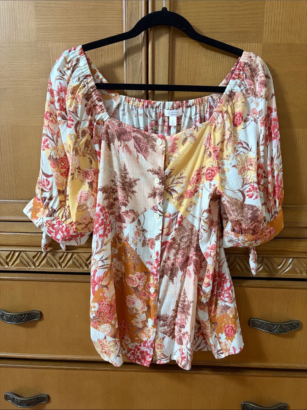 LC Lauren Conrad White, Yellow and Pink Floral Patchwork Blouse